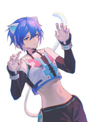Rule 34 | 1boy, animal ears, bishounen, blue eyes, blue nails, cat boy, cat ears, cat tail, closed mouth, commentary, crop top, expressionless, eyelashes, hair between eyes, hands up, headphones, highres, kaito (vocaloid), looking at viewer, nail polish, narrow waist, navel, neko cyber (module), project diva (series), short hair, solo, symbol-only commentary, tail, vocaloid, white background, zhou huan (dgpe2833)