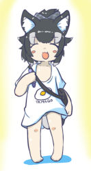 Rule 34 | 1girl, :3, :d, ^ ^, aged down, animal ear fluff, animal ears, bag, barefoot, black hair, blush stickers, bow, child, closed eyes, clothes writing, commentary request, crayon, facing viewer, fang, full body, fuuryuu (kazamaryusuke), grey wolf (kemono friends), hair bow, holding, holding crayon, kemono friends, multicolored hair, open mouth, oversized clothes, panties, plaid, plaid bow, shirt, shoulder bag, simple background, smile, solo, standing, striped clothes, striped panties, t-shirt, tail, two-tone hair, underwear, white hair, white shirt, wolf ears, wolf tail
