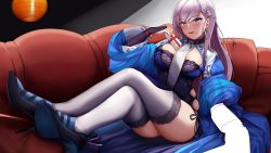 Rule 34 | 1girl, alternate costume, azur lane, belfast (azur lane), belfast (iridescent rosa) (azur lane), black dress, blue cloak, blue footwear, blush, box, braid, breasts, chain, cleavage, cleavage cutout, cloak, clothing cutout, collar, couch, dress, earrings, gift, gift box, highres, jewelry, lace, lace-trimmed legwear, lace trim, large breasts, long hair, looking at viewer, piukute062, see-through, silver hair, sitting, smile, thighhighs, unfinished