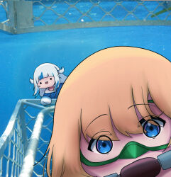 Rule 34 | 2girls, blonde hair, blue eyes, blue hair, blue hoodie, blunt bangs, commentary, diving mask, english commentary, gawr gura, goggles, hair ornament, hololive, hololive english, hood, hoodie, looking at viewer, multicolored hair, multiple girls, open mouth, photo-referenced, photo background, shark cage, shark girl, shark hair ornament, sharp teeth, sidelocks, sleeves past fingers, sleeves past wrists, smile, smol gura, snorkel, solid circle eyes, streaked hair, teeth, torororose, two side up, underwater, virtual youtuber, watson amelia, white hair