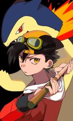 Rule 34 | 1boy, black background, black hair, closed mouth, commentary request, creatures (company), ethan (pokemon), fire, from side, game freak, gen 2 pokemon, goggles, goggles on headwear, hair between eyes, hands up, hat, highres, holding, jacket, long sleeves, male focus, momotose (hzuu xh4), nintendo, pokemon, pokemon (creature), pokemon adventures, red eyes, red jacket, short hair, typhlosion, yellow eyes