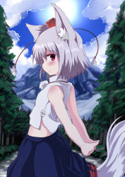 Rule 34 | 1girl, animal ears, arms behind back, bare arms, blue sky, blush, cloud, day, forest, hat, hat ribbon, inubashiri momiji, looking at viewer, looking back, midriff, mountain, nature, noa (nagareboshi), red eyes, ribbon, shirt, silver hair, skirt, sky, sleeveless, sleeveless shirt, smile, solo, tail, tokin hat, touhou, wolf ears, wolf tail