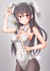 Rule 34 | 1girl, alternate costume, animal ears, anti (untea9), bare shoulders, black hair, blush, bow, bowtie, breasts, cleavage, covered navel, detached collar, fake animal ears, gradient background, grey background, hair ribbon, highres, isokaze (kancolle), kantai collection, leotard, long hair, looking at viewer, medium breasts, pantyhose, playboy bunny, rabbit ears, rabbit tail, red eyes, ribbon, school uniform, smile, solo, strapless, strapless leotard, sword, tail, traditional bowtie, weapon, white leotard