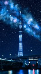 Rule 34 | 3d, building, city lights, commentary request, from below, highres, horizon, kiri tsuki, milky way, night, night sky, no humans, original, outdoors, reflection, reflective water, scenery, sky, skyscraper, star (sky), starry sky, sumida (tokyo), tokyo (city), tower, water