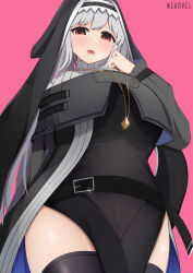 Rule 34 | 1girl, absurdres, arknights, artist name, belt, belt buckle, black dress, black headwear, buckle, capelet, coif, dress, grey capelet, grey hair, habit, hand up, highres, jewelry, long hair, looking at viewer, nearvel, necklace, nun, pelvic curtain, pendant, pink background, red eyes, simple background, specter (arknights), thighhighs, thighs, very long hair
