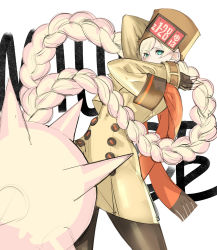 Rule 34 | 1girl, arms up, blonde hair, brown pantyhose, commentary request, fingerless gloves, fur hat, gloves, green eyes, guilty gear, guilty gear strive, hat, highres, long hair, millia rage, orange scarf, pantyhose, scarf, solo, tetsu (kimuchi), twintails, ushanka, very long hair