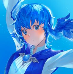 Rule 34 | 1girl, blue background, blue eyes, blue hair, blue theme, blue vest, blush, brooch, closed mouth, final fantasy, final fantasy xiv, hand up, head wings, highres, jewelry, looking at viewer, lumeru 33, meteion, shirt, short hair, simple background, solo, vest, white shirt, wings
