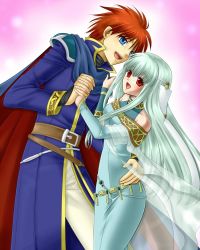 Rule 34 | aqua hair, bare shoulders, belt, blue eyes, blush, cape, couple, dress, eliwood (fire emblem), fire emblem, fire emblem: the blazing blade, hair ornament, holding hands, hand on own hip, hand on shoulder, happy, highres, hip focus, hug, long hair, long sleeves, ninian, nintendo, open mouth, pink theme, red eyes, red hair, short hair, smile, tiara