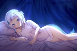 Rule 34 | 1girl, bed sheet, blue eyes, blue hair, fins, fish tail, gawr gura, hair tie, hololive, hololive english, indoors, legs, light smile, looking at viewer, lying, multicolored hair, nail polish, naked shirt, no pants, off shoulder, ogiyuki, on side, pillow, shark tail, shirt, short hair, single bare shoulder, solo, stitches, t-shirt, tail, thighs, tsurime, twintails, two-tone hair, virtual youtuber, white hair