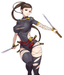 Rule 34 | 1girl, black thighhighs, breasts, brown eyes, brown hair, covered erect nipples, curvy, dagger, dual wielding, fishnets, gonster, holding, knife, large breasts, leotard, long hair, looking at viewer, ninja, original, ponytail, simple background, solo, thighhighs, very long hair, weapon, white background