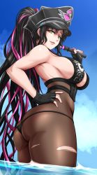 Rule 34 | 1girl, ass, backless outfit, black gloves, black hair, breasts, butt crack, commission, facing away, fate/grand order, fate (series), gloves, hand on own hip, hat, highres, in water, large breasts, long hair, looking at viewer, looking back, peaked cap, ponytail, sessyoin kiara, sessyoin kiara (swimsuit mooncancer), sessyoin kiara (swimsuit mooncancer) (second ascension), sideboob, solo, swimsuit, torn clothes, wading, water, yellow eyes, zantyarz