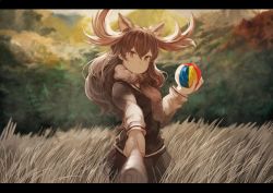Rule 34 | 10s, 1girl, animal ears, antlers, baton, blush, brown eyes, brown hair, brown scarf, brown skirt, brown vest, commentary, cowboy shot, day, eyelashes, field, foreshortening, hair between eyes, holding, horns, kemono friends, koruse, letterboxed, long hair, long sleeves, looking at viewer, moose (kemono friends), moose ears, mountain, multicolored shirt, nature, outdoors, paper balloon, pleated skirt, pov, reaching, reaching towards viewer, scarf, scenery, school uniform, shirt, skirt, smile, solo, sweater vest, tree, tsurime, vest, wavy hair, wind