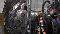 Rule 34 | 1girl, arknights, artist name, black choker, black hair, black jacket, blurry, blurry background, breasts, cable, choker, closed mouth, closure (arknights), collarbone, commentary, cowboy shot, english commentary, expressionless, hair between eyes, hard hat, helmet, highres, holding, holding marker, holding paper, id card, j orange, jacket, lanyard, long hair, long sleeves, looking at viewer, machinery, marker, open clothes, open jacket, paper, pointy ears, red eyes, science, shirt, signature, solo, thigh strap, tool belt, white shirt