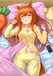 Rule 34 | 1girl, absurdres, animal ears, blanket, closed eyes, commentary, djloops, english commentary, highres, hood, hoodie, horse ears, horse girl, horse tail, long hair, lying, mayano top gun (umamusume), navel, on back, orange hair, pajamas, pillow, sleeping, small hands, solo, stuffed animal, stuffed toy, tail, teddy bear, umamusume, yellow hoodie, yellow pajamas