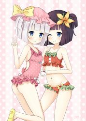 Rule 34 | 2girls, ahoge, animal, ass, bad id, bad pixiv id, black hair, blinking, blue eyes, blunt bangs, blush, bow, creative commons, floral print, flower, food print, frilled panties, frilled swimsuit, frills, hair flower, hair ornament, hand on another&#039;s shoulder, hat, highres, holding, holding animal, leg up, looking at viewer, looking back, mob cap, mony, multiple girls, one-piece swimsuit, one eye closed, original, panties, pink background, pink one-piece swimsuit, polka dot, polka dot background, polka dot swimsuit, rabbit, red bow, red one-piece swimsuit, short hair, short twintails, slippers, smile, strawberry print, suri, swimsuit, twintails, underwear, v, white bow, white hair, yellow bow, yuri (character)