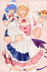 Rule 34 | 2boys, absurdres, alternate costume, apron, blonde hair, blue dress, blue eyes, blue hair, bow, carrying, child carry, commentary request, crossdressing, demon tail, dress, dress bow, earrings, enmaided, fang, food, frilled sleeves, frills, hair bow, heart, heart hands, highres, holding, holding food, jewelry, looking at viewer, maid, maid apron, maid headdress, mairimashita! iruma-kun, male focus, mary janes, multiple boys, omelet, omurice, open mouth, pectoral cleavage, pectorals, pink background, pink bow, pink dress, plate, pointy ears, puffy short sleeves, puffy sleeves, red footwear, sabnock sabro, shoes, short hair, short sleeves, simple background, smile, standing, suzuki iruma, tail, thighhighs, translation request, twitter username, white thighhighs, wrist cuffs, yellow eyes, yubiko (itaike)