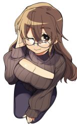 Rule 34 | 1girl, alternate costume, ashigara (kancolle), bespectacled, breasts, brown eyes, brown hair, cleavage, cleavage cutout, closed mouth, clothing cutout, fang, glasses, higaragi, highres, kantai collection, large breasts, long hair, long sleeves, looking at viewer, one eye closed, pants, ribbed sweater, simple background, skin fang, sleeves past wrists, solo, sweater, turtleneck, turtleneck sweater, white background