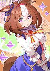 Rule 34 | 1girl, ahoge, animal ears, between breasts, blue skirt, breasts, brown hair, center frills, collared shirt, commentary request, frilled shirt collar, frills, gloves, hair between eyes, hairband, highres, horse ears, horse girl, horse tail, medium breasts, meisho doto (umamusume), multicolored hair, own hands together, parted lips, pilokey, purple eyes, red hairband, shirt, skirt, solo, tail, two-tone hair, umamusume, white gloves, white hair, white shirt