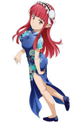 Rule 34 | 1girl, adjusting clothes, blue dress, brown eyes, china dress, chinese clothes, double bun, dress, floral print, full body, long hair, looking at viewer, maid headdress, non-web source, official art, pointy ears, rain (sao), red eyes, shorts, side slit, simple background, smile, solo, sword art online, white background