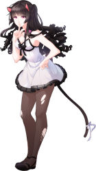 Rule 34 | 1girl, aile (crossroads), animal ears, bad id, bad pixiv id, black hair, black pantyhose, blush, bow, breasts, cat ears, cat tail, collarbone, curly hair, dress, finger to mouth, hand on own hip, highres, hip focus, long hair, original, pantyhose, red eyes, simple background, smile, solo, tail, torn clothes, torn pantyhose