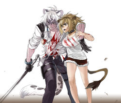 Rule 34 | 1boy, 1girl, abs, animal ears, arknights, bleeding, blood, blood on clothes, commentary request, concealed weapon, gloves, highres, holding person, infection monitor (arknights), leopard boy, leopard ears, leopard tail, lion ears, lion girl, lion hair, lion tail, muscular, pants, shirt, shorts, siege (arknights), silverash (arknights), silverash (elite ii) (arknights), sword cane, tail, torn clothes, torn shirt, weapon, yu yanshu