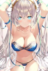 Rule 34 | 1girl, anastasia (fate), aqua eyes, armpits, arms up, blue bra, blue panties, blue ribbon, blush, bra, breasts, cleavage, collarbone, cowboy shot, fate/grand order, fate (series), frilled panties, frills, highres, lace, lace-trimmed bra, lace trim, large breasts, long hair, looking at viewer, panties, parted lips, ribbon, rin yuu, see-through, silver hair, smile, solo, strapless, strapless bra, thigh gap, underwear, very long hair