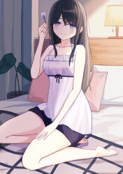Rule 34 | 1girl, barefoot, bed, black hair, black shorts, breasts, enokitake, highres, indoors, lamp, light smile, long hair, looking at viewer, mimikaki, on bed, original, parted bangs, pillow, plant, potted plant, purple eyes, shirt, shorts, sleeveless, small breasts, white shirt