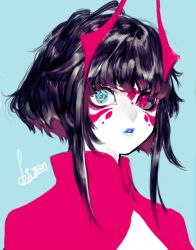 Rule 34 | 1girl, black hair, black sclera, blue background, blue eyes, blue lips, bob cut, colored sclera, colored skin, heterochromia, horns, looking at viewer, medium hair, mismatched sclera, original, parted lips, pigeon666, portrait, red eyes, sidelocks, signature, simple background, solo, turtleneck, upper body, white skin