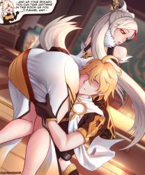 Rule 34 | 1boy, 1girl, aether (genshin impact), ahoge, artist name, bare shoulders, blonde hair, blush, braid, braided ponytail, carrying, china dress, chinese clothes, closed eyes, dress, english text, fur trim, genshin impact, gloves, hair ornament, half-closed eyes, hetero, highres, indoors, long hair, ningguang (genshin impact), over shoulder, pachpachpach, pachpachpachi, parted lips, red eyes, scarf, shaded face, short sleeves, smoking pipe, surprised, white dress, white hair, white scarf