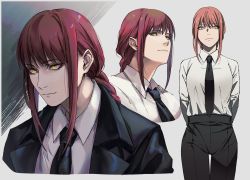 Rule 34 | 1girl, black coat, black necktie, black pants, braid, braided ponytail, breasts, chainsaw man, coat, collared shirt, formal, highres, koke uzm, long hair, long sleeves, looking at viewer, makima (chainsaw man), medium breasts, multiple views, necktie, office lady, pants, red hair, ringed eyes, shirt, sidelocks, simple background, smile, solo, suit, white shirt, yellow eyes