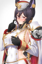 Rule 34 | 1girl, aiguillette, animal ears, areola slip, armor, black gloves, black hair, blush, breasts, buttons, cape, closed mouth, covered navel, ear piercing, erune, futami (mg42fw190d), garrison cap, gloves, granblue fantasy, hair between eyes, hand on own chest, hat, highres, hip focus, ilsa (granblue fantasy), index finger raised, large breasts, looking at viewer, military, military uniform, pauldrons, piercing, red eyes, shoulder armor, sideboob, simple background, solo, sweatdrop, tabard, uniform, white background, white hat