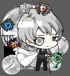 Rule 34 | 1boy, akaimo (akaimokou), black jacket, black necktie, black pants, blue star, chibi, closed mouth, coat, coat on shoulders, green eyes, greyscale, hokma (project moon), jacket, library of ruina, looking at viewer, male focus, monochrome, monocle, necktie, pants, project moon, smile, solo, the burrowing heaven, the price of silence, white coat, whitenight (project moon)