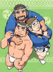 Rule 34 | 3boys, arm around shoulder, arm hair, bara, belly, brown hair, bulge, buzz cut, chest hair, clothing aside, dark-skinned male, dark skin, facial hair, fat, fat man, foreshortening, from above, full body, fundoshi, fundoshi aside, goatee, hachimaki, hand on another&#039;s arm, happi, headband, japanese clothes, leg hair, light blush, looking at viewer, male focus, mature male, multiple boys, muscular, muscular male, mustache, navel, navel hair, nipples, original, pectoral cleavage, pectorals, short hair, sideburns, socks, stomach, suv (suv032), thighs, topless male, very short hair