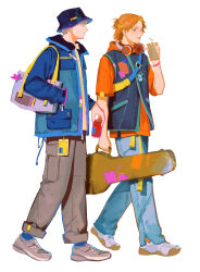 Rule 34 | 2boys, absurdres, arm up, bag, bag charm, belt, blue hat, blue pants, bracelet, brown eyes, brown hair, bucket hat, can, cargo pants, carrying case, charm (object), chest strap, closed mouth, collared jacket, collared shirt, commentary, cup, denim, disposable cup, drink, drink can, drinking straw, ear piercing, earrings, english commentary, eye contact, full body, grey eyes, grey footwear, grey hair, grey pants, guitar case, hanamura yousuke, hand in pocket, hat, headphones, headphones around neck, highres, holding, holding bag, holding can, holding drink, hood, hood down, hoodie, instrument case, jack frost (megami tensei), jacket, jeans, jewelry, lanyard, layered clothes, lilpong2, looking at another, male focus, multicolored clothes, multicolored jacket, multiple boys, multiple earrings, narukami yuu, open collar, open mouth, orange hoodie, pants, persona, persona 4, piercing, shirt, shoes, short sleeves, shoulder bag, simple background, sleeveless, sleeveless shirt, smile, soda can, white background, white footwear, yellow belt, yellow shirt