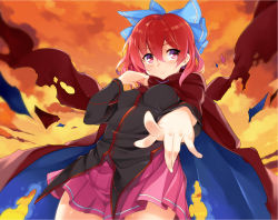 Rule 34 | 1girl, aburidashi zakuro, blush, bow, cape, cowboy shot, foreshortening, from below, hair bow, miniskirt, pointing, red eyes, red hair, sekibanki, skirt, solo, sunset, torn cape, torn clothes, touhou
