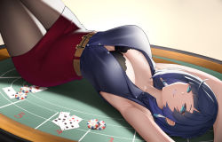Rule 34 | 1girl, alternate costume, aqua eyes, armpits, arms up, black bra, black pantyhose, blouse, blue hair, blue shirt, bra, breasts, card, cleavage, collared shirt, commentary, english commentary, genshin impact, highres, large breasts, looking at viewer, lying, mixed-language commentary, office lady, on back, pantyhose, parted lips, pencil skirt, playing card, poker, poker chip, poker table, red skirt, shirt, shirt tucked in, short hair, skirt, smile, solo, table, terebi (shimizu1996), underwear, yelan (genshin impact)