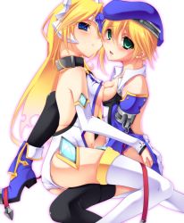 Rule 34 | 2girls, arc system works, ass, bare back, beret, blazblue, blonde hair, blue eyes, blush, breast press, breasts, breasts out, collar, detached sleeves, dual persona, green eyes, hat, looking at viewer, mu-12, multiple girls, navel, no bra, noel vermillion, open mouth, ribbon, sayo wini, selfcest, small breasts, symmetrical docking, tears, thighhighs, yuri