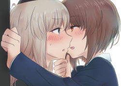 Rule 34 | 10s, 14sai bishoujo (shoutarou), 2girls, :d, :o, against wall, blue eyes, blush, brown hair, couple, embarrassed, eye contact, female focus, girls und panzer, grabbing another&#039;s chin, grey eyes, grey hair, hand on another&#039;s chin, imminent kiss, itsumi erika, long hair, long sleeves, looking at another, multiple girls, nervous, nishizumi miho, open mouth, orange eyes, school uniform, short hair, shy, smile, sweatdrop, upper body, yuri