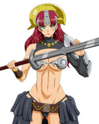 Rule 34 | 1girl, belt, black panties, breasts, claudette (queen&#039;s blade), cleavage, earrings, green eyes, highres, jewelry, large breasts, long hair, looking at viewer, lots of jewelry, makani kohitujito, midriff, navel, panties, queen&#039;s blade, red hair, simple background, solo, sword, underwear, weapon, white background