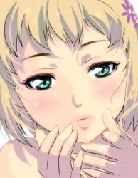 Rule 34 | 10s, 1girl, bad id, bad pixiv id, bare shoulders, blonde hair, blush, close-up, flower, green eyes, hair ornament, hairclip, huang baoling, kouno (masao), lips, lipstick, makeup, parted lips, portrait, short hair, solo, tiger &amp; bunny