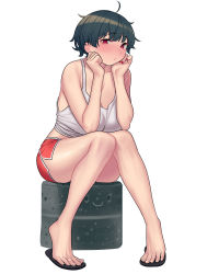 Rule 34 | 1girl, absurdres, black hair, blush, breasts, cleavage, closed mouth, full body, head rest, highres, huge breasts, matdoljangin, nail polish, original, red eyes, red nails, red shorts, sandals, short hair, shorts, simple background, sitting, solo, tank top, white background, white tank top