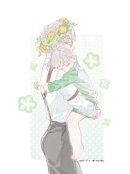 Rule 34 | 2boys, barefoot, black pants, black shorts, character request, dated, flower, flower wreath, glasses, grey hair, grey shirt, head wreath, highres, holding, holding flower, if they mated, littletreeee, long sleeves, male focus, mole, mole under eye, multiple boys, pants, polka dot, polka dot background, profile, shirt, shorts, suspenders, tears of themis, vyn richter (tears of themis), white background, white flower, white shirt, yellow eyes, yellow flower