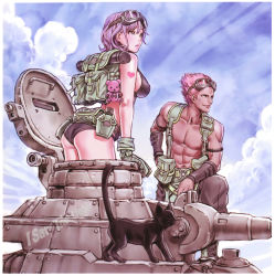 Rule 34 | 1boy, 1girl, abs, ammunition pouch, ass, backpack, bag, biceps, bikini, black cat, blue sky, bracer, breasts, canteen, cat, copyright request, day, female soldier, gloves, goggles, goggles on head, heart, heart tattoo, large breasts, military, military vehicle, motor vehicle, muscular, pouch, short shorts, shorts, sky, stuffed animal, stuffed toy, swimsuit, tan, tank, tattoo, teddy bear, topless male, turret, vehicle, yamashita shun&#039;ya