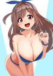 Rule 34 | 1girl, :d, absurdres, artist request, bare shoulders, bent over, bikini, blue bikini, blue nails, blue ribbon, bow hairband, bracelet, breasts, brown hair, cleavage, collarbone, commentary request, hair ribbon, hairband, highres, idolmaster, idolmaster shiny colors, jewelry, large breasts, long hair, looking at viewer, nail polish, open mouth, pink eyes, ribbon, smile, solo, strapless, strapless bikini, swept bangs, swimsuit, tsukioka kogane