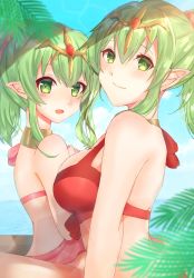 Rule 34 | 2girls, age difference, alternate costume, bikini, blue sky, breasts, dual persona, edamameoka, female focus, fire emblem, fire emblem heroes, green eyes, green hair, highres, jewelry, large breasts, looking at viewer, matching hair/eyes, multiple girls, necklace, nintendo, ocean, open mouth, pink bikini, pointy ears, ponytail, red bikini, sky, smile, swimsuit, tiara, tiki (adult) (fire emblem), tiki (adult) (summer) (fire emblem), tiki (fire emblem), tiki (young) (fire emblem), time paradox