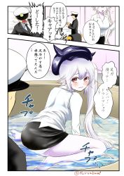 Rule 34 | 10s, 1boy, 1girl, abyssal ship, admiral (kancolle), alternate costume, barefoot, blush, colored skin, contemporary, destroyer princess, dress shirt, hat, kantai collection, kuro abamu, long hair, looking back, pale skin, partially submerged, red eyes, shirt, side ponytail, sitting, skirt, sweatdrop, translation request, very long hair, wariza, water, white hair, white skin