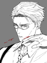 Rule 34 | 1boy, blood, blood on face, collared shirt, ega (egavinote), goggles, greyscale, jujutsu kaisen, lips, looking at viewer, male focus, monochrome, nanami kento, necktie, parted lips, portrait, shirt, short hair, solo, suspenders