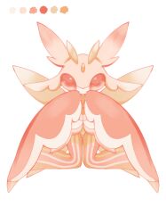 Rule 34 | 1girl, antennae, arthropod girl, color guide, colored skin, creatures (company), female focus, forehead jewel, full body, game freak, gem, gen 7 pokemon, green gemstone, green wings, hands up, highres, legs, looking at viewer, lurantis, multicolored skin, neverland+, nintendo, pink skin, pokemon, pokemon (creature), red eyes, simple background, sitting, solo, straight-on, wariza, white background, white skin, wings