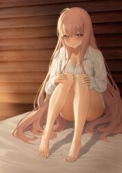 Rule 34 | 1girl, absurdres, barefoot, bed, blush, bottomless, breasts, cleavage, closed mouth, collared shirt, commentary, dress shirt, feet, green eyes, hair between eyes, highres, large breasts, long hair, long sleeves, looking at viewer, naked shirt, on bed, original, pink hair, shirt, solo, symbol-only commentary, urrrt, very long hair, white shirt, wooden floor, wooden wall