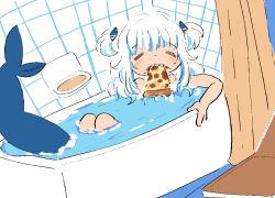 Rule 34 | 1girl, bathing, bathtub, blue hair, closed eyes, curtains, fins, fish tail, food, gawr gura, henemimi, hololive, hololive english, holomyth, mouth hold, multicolored hair, partially submerged, pizza, shark tail, solo, streaked hair, tail, virtual youtuber, water, white hair